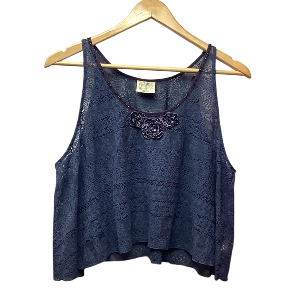 Free People cropped Retro Boho lace tank Blue. Size XS